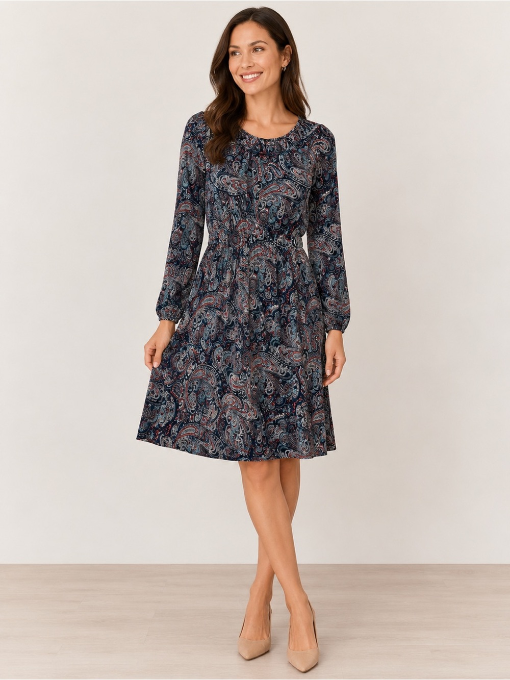 Talbots Paisley Long Sleeve Knit Dress Size XS Blue